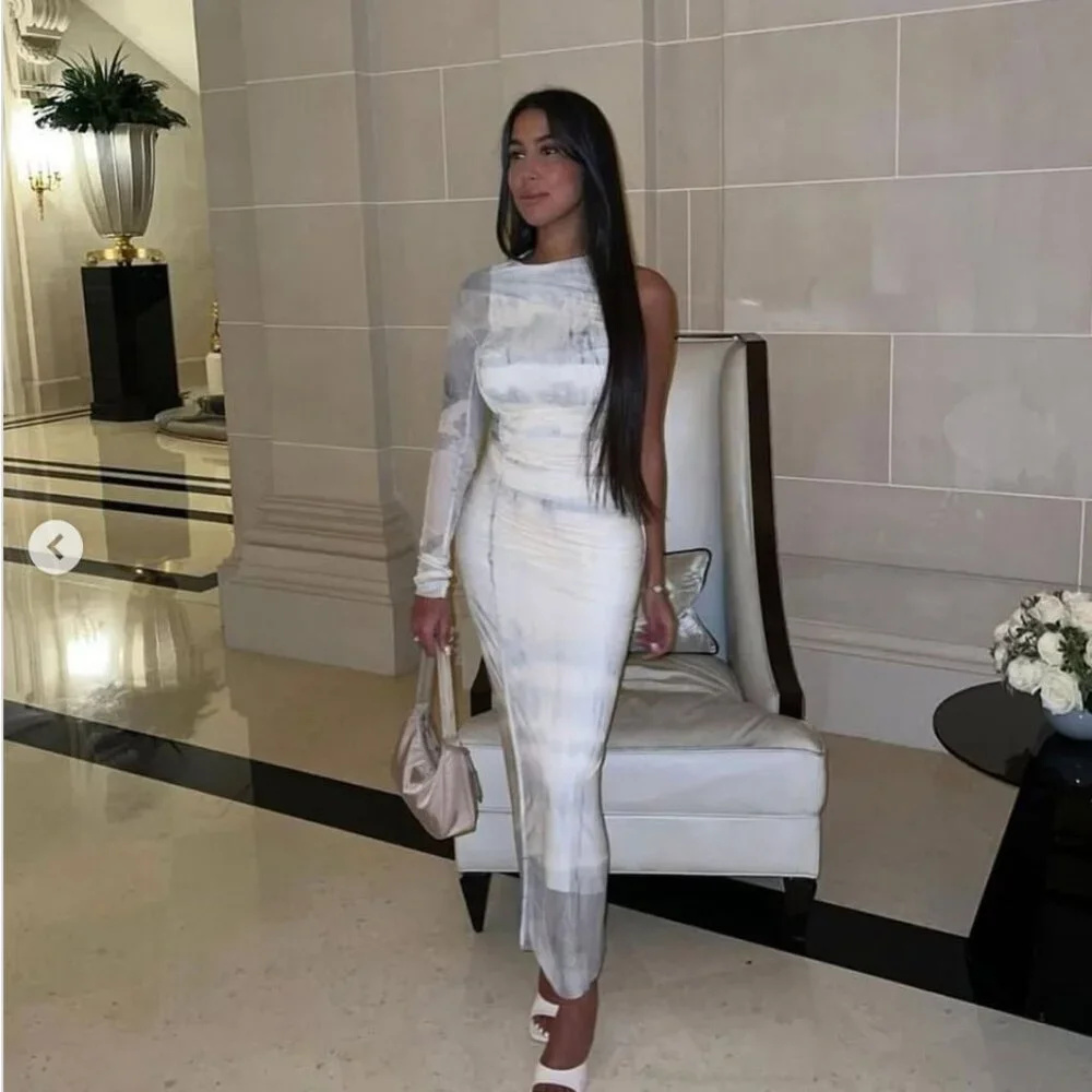 ZARA Ruched Mesh Tie-Dye One Shoulder Maxi Dress | Bodycon Fit | Size L - Picture 2 of 9